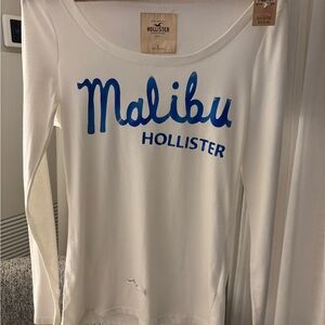 NWT Y2K Hollister Surf White Long Sleeve Tee with Blue Malibu Graphic Print
